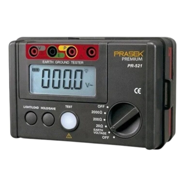 Telurómetro Prasek PR 521 para medición de resistencia de puesta a tierra y análisis de sistemas eléctricos.